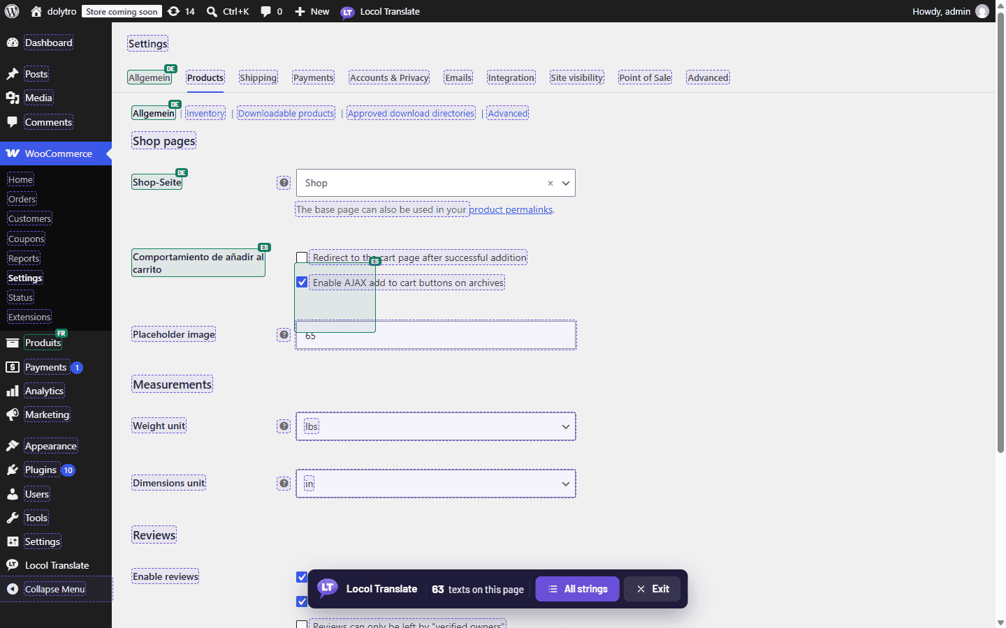 Real WooCommerce admin screen (Products tab) with Locol Translate turned on